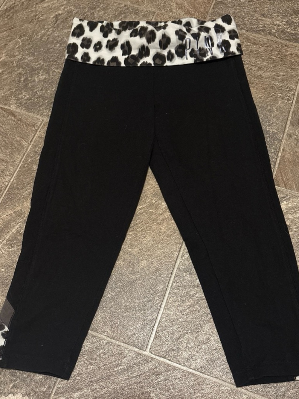 PINK Victoria's Secret Black Capri Pants with White & Black Leopard Waistband
